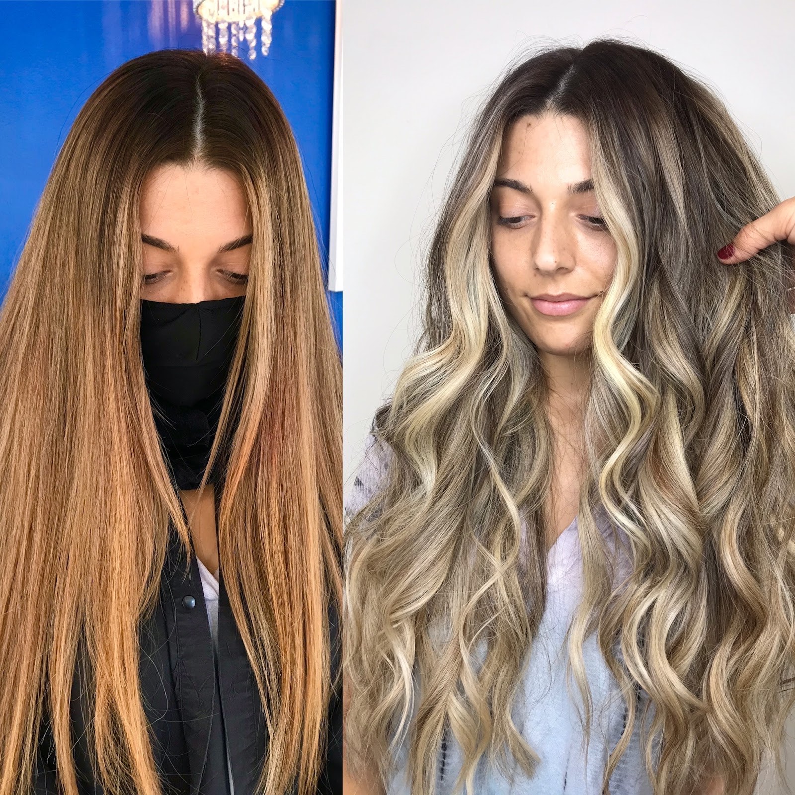 Before and after hair color transformation from brassy to cool dimensional blonde